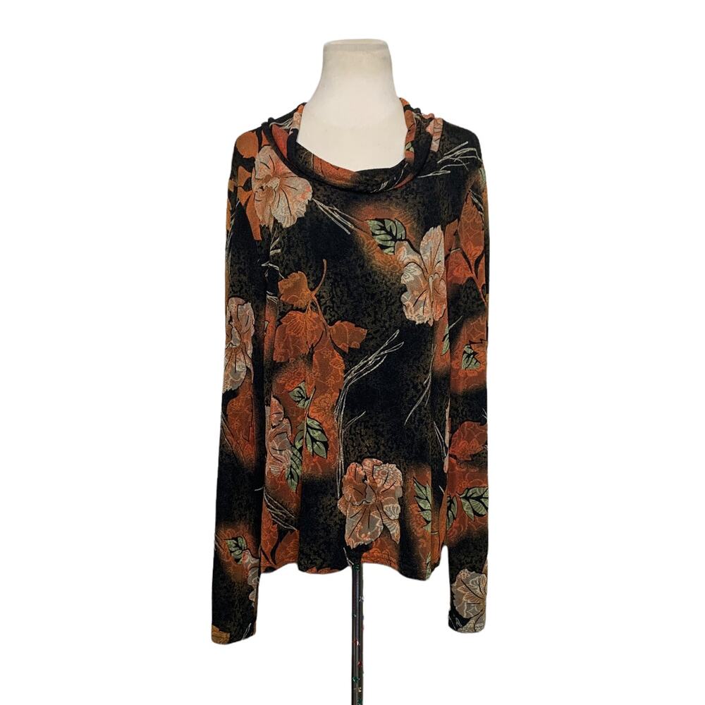 Claudia Richard black orange floral long sleeves cowl neck blouse size Large